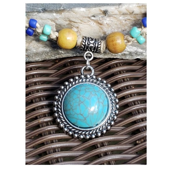 Hemp Necklace w/Turquoise Pendant and Blue Beads - Picture 5 of 8